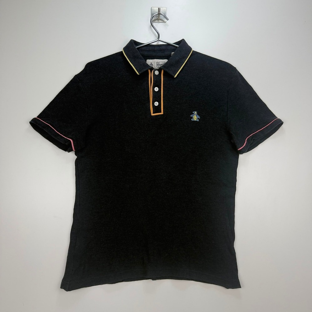 Original Penguin Polo Shirt Black Contrast Trim 100% Cotton Logo Men's Small